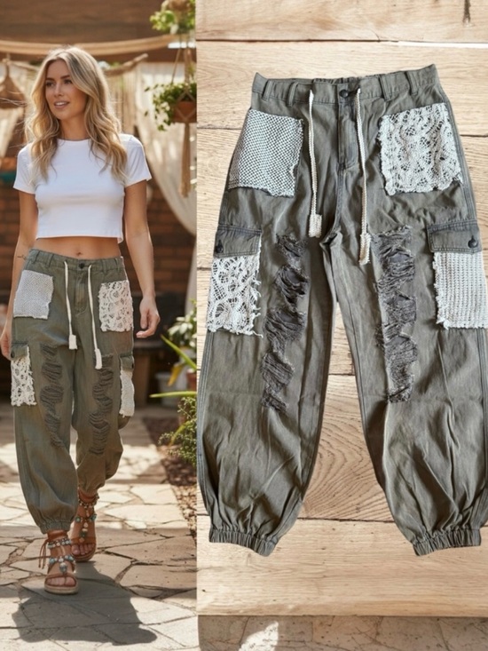 POL Pants - POL Women’s Vintage Wash Crochet Patchwork Distressed Jogger Cargo Pants Large
